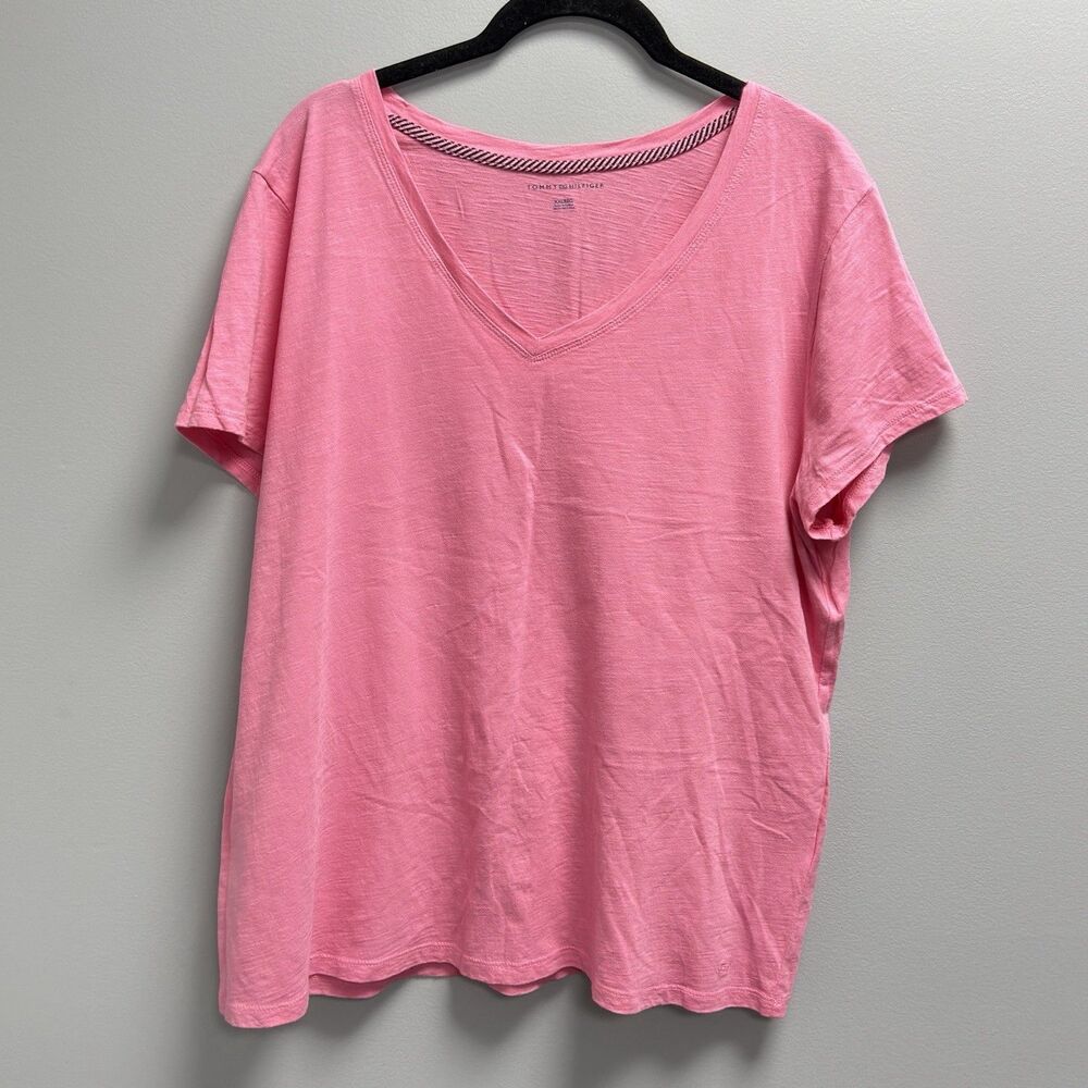 Tommy Hilfiger Peony Pink V-Neck Short Sleeve T-Shirt Ladies XXL